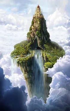 an island floating in the air surrounded by clouds and trees with a castle on top