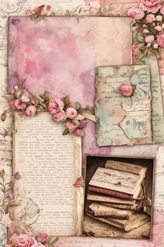 an altered collage with pink roses and old books on it's side,