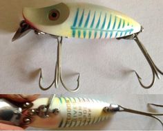 two pictures of fishing lures one is white and the other is green with blue stripes