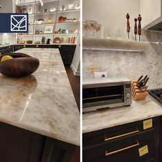 two pictures of a kitchen counter top with an oven and microwave