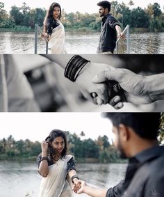 two people holding hands near water and one is pointing at another person's hand