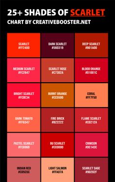 the 25 shades of scarlet chart with different colors and font on each one side