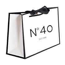 a black and white shopping bag with the number forty on it's front side