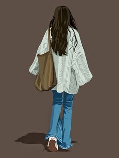 the back view of a woman with long hair and blue jeans holding a brown bag