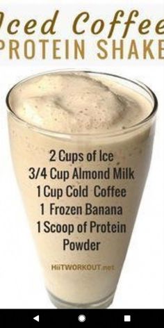 iced coffee protein shake recipe in a glass with information about the ingredients and how to use it