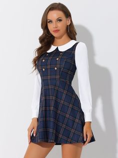 Shop Allegra K for peter pan collar contrast color button decor plaid dress you are looking for, get more women's dresses for yourelf. Order now! Free Returns! Doll Collar Dress, Shirt Dress Fall, Plaid Bodycon Dress, Plaid Dresses, Shape Dress, Fall Boots Outfit, Dress Dark Blue, Blue Plaid Dress, Button Decor