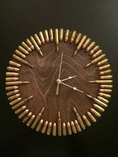 Spent Casing Projects, Man Cave Lights, Veterans Gifts, Fort Ideas, Bullet Crafts, Hunting Decor, Money Ideas, Unique Wall Clocks, Wooden Clock