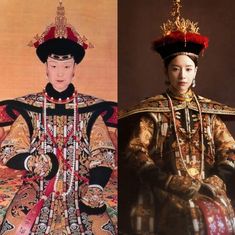 two pictures of the same woman in traditional chinese dress, one wearing an elaborate headdress