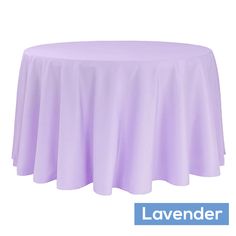 a round table covered with a lila colored tablecloth on a white background for use as a centerpiece