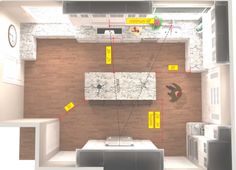 an overhead view of a kitchen and living room with yellow labels on the walls,