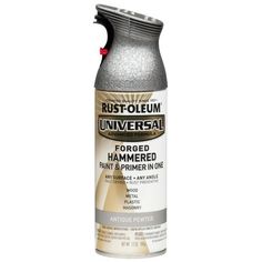 rust - oleum universal spray can with silver metallic finish on white background, close up