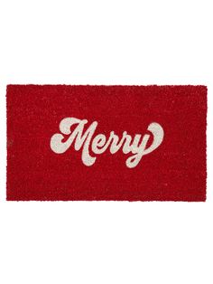 merry door mat in red with white lettering on the front and bottom, against a white background