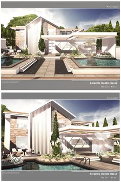 two renderings of a modern house and pool