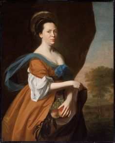 a painting of a woman in an orange dress with a blue scarf around her neck