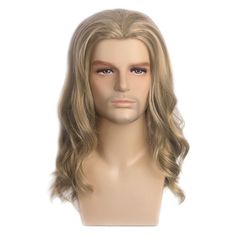 Men Long Curly Wave Wigs Male Cosplay Hair Ombre Ash Blonde Costume Toupee w/Cap Pop Hair, Long Blonde Wig, Anime Wigs, Wig Party, Curly Waves, Long Blonde