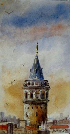 a painting of a tower with a clock on it's side and birds flying in the background