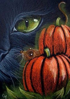 a drawing of a black cat with green eyes and pumpkins on it's face