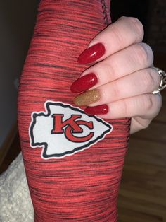 Red And Gold Glitter Nails, Kansas City Chiefs Nails, Kc Chiefs Nails, Chiefs Nails, Super Bowl Nails, Fingernail Art, City Nails