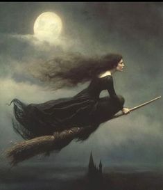 a woman flying through the air on top of a long feathered broom in front of a full moon