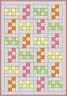 an image of a quilt made with squares and rectangles in pink, green, yellow and orange