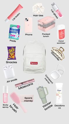 What To Pack In Your Backpack For School, Pretty Backpacks For School, Things To Put In School Bag, Lunches To Bring To School, Stuff To Put In Your Backpack For School, School Bag Essentials For Teens, What To Put In Your Bag, What To Have In Your Bag For School, School Stuff Aesthetic