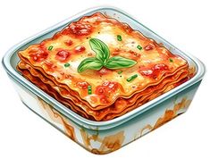 a square casserole dish with tomato sauce and basil leaves on top, painted in watercolor