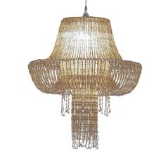 a chandelier made out of wicker with beads hanging from the top and bottom