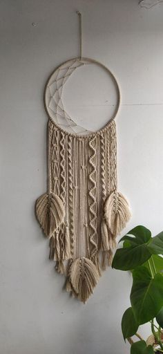 a macrame hanging on the wall with tassels attached to it and a potted plant next to it