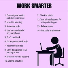 a person sitting at a desk working on a laptop with the words work smarter above it