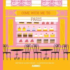 a pink and yellow poster with some tables and chairs in front of a cake shop