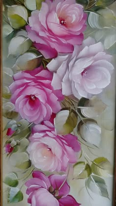 a painting of pink flowers with green leaves