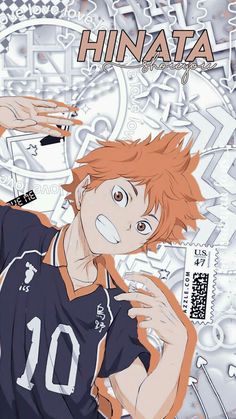 an anime character with red hair and blue shirt in front of a background that says hinata