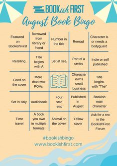 the book first august book bingo game is shown in blue and white with an orange background