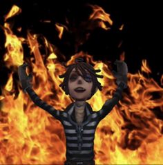 a cartoon character standing in front of a fire