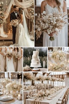 a collage of photos with white flowers and greenery in the center, champagne colored wedding decor