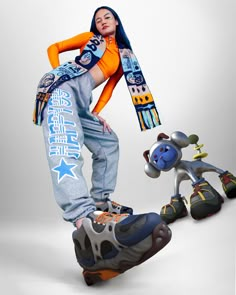 a woman standing on top of a skateboard next to two cartoon characters in front of a white background