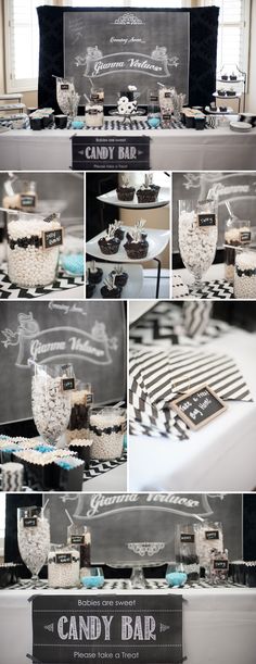 the dessert table is set up with candy bar signs and cupcakes on it