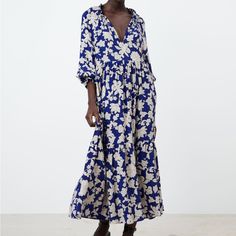 Zara Paisley Floral Dress. New With Tags Size Xl. Cobalt Blue With White Floral Design. V Neck, Rouching At Collar And Sleeves. Flowy Loose Dress. Midi/Maxi Length. It’s Calf Length On Me At 5’9”. Long Floral Maxi Dress, Zara Floral Dress, Midi Dress Floral, Long Dresses Casual Maxi, Dress Zara, Rehearsal Dress, Oversized Dress, Poplin Dress, Loose Dress