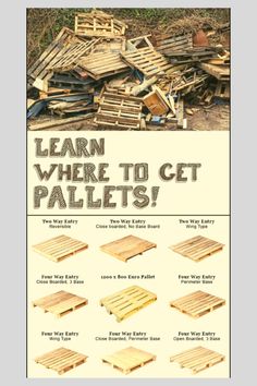 the instructions for how to build pallets with pictures and text that says learn where to get pallets