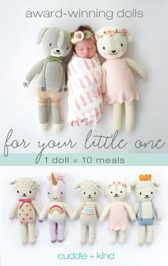 a baby sleeping next to stuffed animals with the words, award winning dolls for your little one