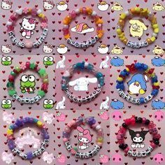 hello kitty bracelets and hair ties are arranged on a pink background with hearts, stars, and other cartoon characters