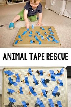 a boy playing with blue tape on the floor and an animal tape rescue mat in front of him