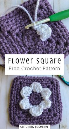 crochet flower square is shown with the text overlay that says, flower square free crochet pattern