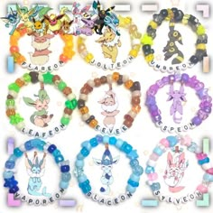 several bracelets with cartoon characters on them and the names of each one in different colors