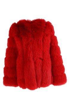 Soft-to-the-touch faux fur means luxurious texture in this statement-making jacket that's perfect for cool nights on the town. 28" length Front hook-and-eye closure Jewel neck On-seam pockets Lined 100% polyester faux fur Dry clean Imported Luxury Fluffy Faux Fur Outerwear, Red Fur Coat With Faux Fur Trim, Luxury Fluffy Fur Coat For Fall, Luxury Faux Fur Coat For Fall, Luxury Faux Fur Outerwear With Feather Trim, Red Faux Fur Coat, Red Fur Coat, Red Fur, Fabulous Furs