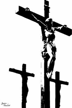 a black and white image of jesus on the cross