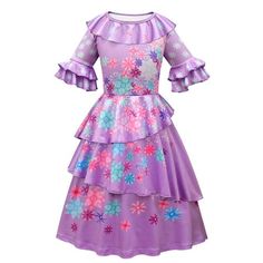 Become the older sister of Mirabel and sprinkle flowers all around in this Isabela Madrigal Classic costume! This beautiful satin dress features a floral print throughout, sleeve ruffles, tiered layering in the skirt. It is a perfect opportunity for family dressing as the magical Madrigal family! Don't miss out on this gorgeous dress this Halloween! Size: 8-10 Years.  Color: Purple.  Gender: female.  Age Group: kids. Halloween Princess, Princess Dress Kids, Girl Princess Dress, Party Skirt, Long Sleeve Short Dress, Cosplay Dress, Kids Outfits Girls, Halloween Dress, Costume Dress