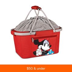 a red and gray mickey mouse cooler bag with handles on the side, it has a grey lining around the handle