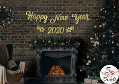 a fireplace with christmas decorations and presents in front of it, next to a brick wall that says merry christmas