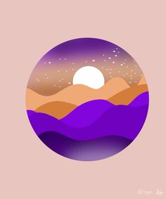 an abstract landscape with mountains, stars and the moon in the sky on a pink background